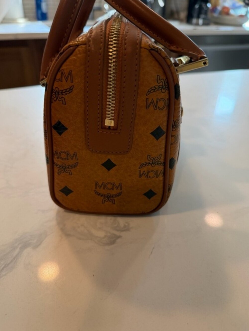 MCM Cognac Visetos Mini Boston Satchel with Gold Plaque - Picture 3 of 8